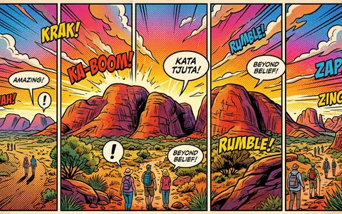 Pop-Art-Comicillustration des Wahrzeichens Kata Tjuta in Yulara Australien, kraeftige Konturen Rasterpunkte und satte Farben - Foto: THN