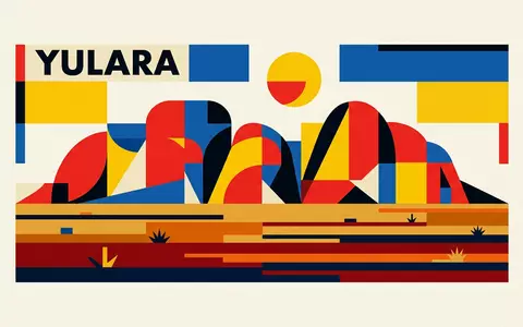 Bauhaus-Poster als geometrische Abstraktion von Kata Tjuta in Yulara Australien, kraeftige Grundfarben und harte Formkanten - Foto: THN