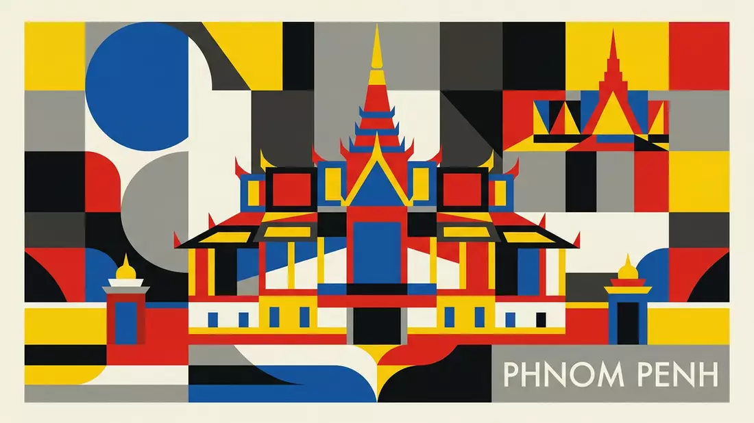 Bauhaus-Poster als Abstraktion von Konigspalast Phnom Penh in Phnom Penh, Kambodscha