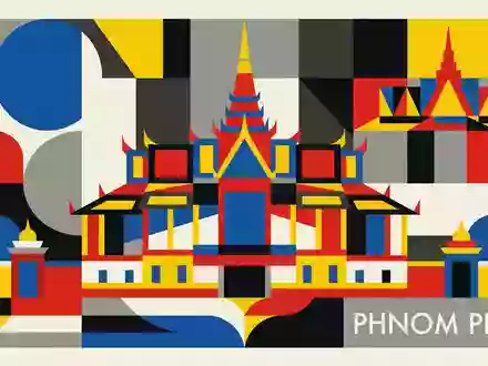 Bauhaus-Poster als geometrische Abstraktion von Konigspalast Phnom Penh in Phnom Penh Kambodscha, kraeftige Grundfarben und - Foto: THN