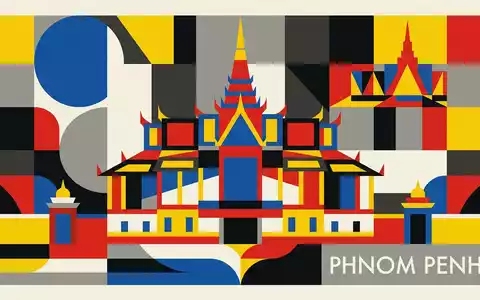 Bauhaus-Poster als geometrische Abstraktion von Konigspalast Phnom Penh in Phnom Penh Kambodscha, kraeftige Grundfarben und - Foto: THN