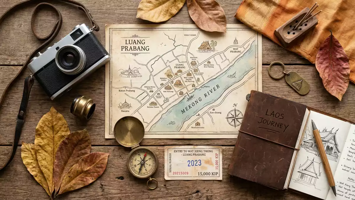 Flatlay-Reise-Arrangement rund um Wat Xieng Thong in Luang Prabang, Laos