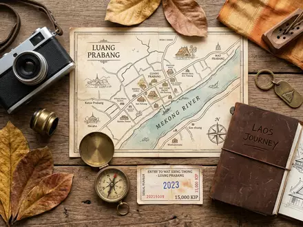 Flatlay-Reise-Arrangement rund um Wat Xieng Thong in Luang Prabang Laos, Karte Kompass Kamera und generische - Foto: THN