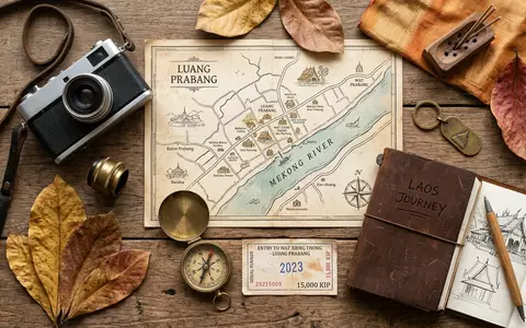 Flatlay-Reise-Arrangement rund um Wat Xieng Thong in Luang Prabang Laos, Karte Kompass Kamera und generische - Foto: THN