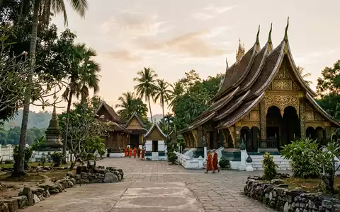 Editorialbild im Reisemagazin-Stil vom Wahrzeichen Wat Xieng Thong in Luang Prabang Laos, ausgewogene Bildgestaltung und - Foto: THN