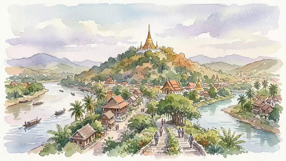 Aquarell-Illustration von Berg Phousi in Luang Prabang, Laos als Reiseposter