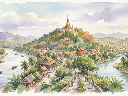Aquarellillustration des Wahrzeichens Berg Phousi in Luang Prabang Laos, weiche Farbverläufe und pastelliges Reiseposter-Feeling - Foto: THN