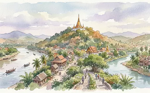 Aquarellillustration des Wahrzeichens Berg Phousi in Luang Prabang Laos, weiche Farbverläufe und pastelliges Reiseposter-Feeling - Foto: THN