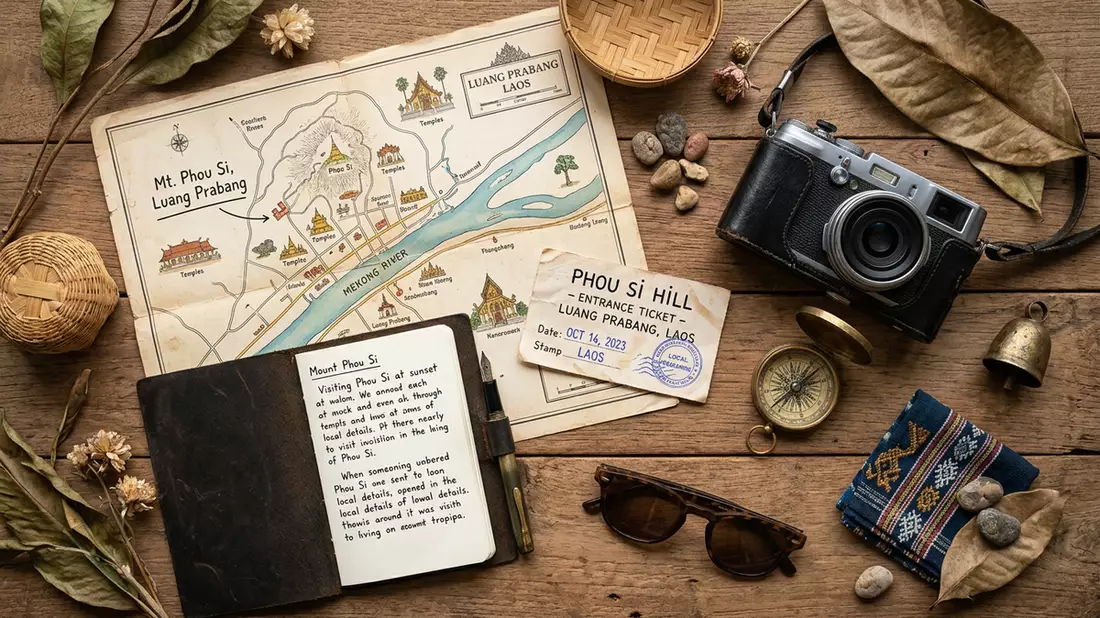 Flatlay-Reise-Arrangement rund um Berg Phousi in Luang Prabang, Laos