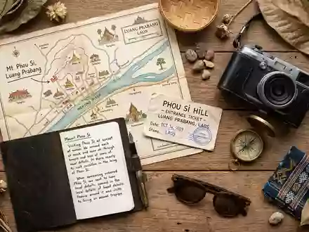 Flatlay-Reise-Arrangement rund um Berg Phousi in Luang Prabang Laos, Karte Kompass Kamera und generische Reiserequisiten - Foto: THN