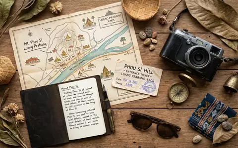 Flatlay-Reise-Arrangement rund um Berg Phousi in Luang Prabang Laos, Karte Kompass Kamera und generische Reiserequisiten - Foto: THN