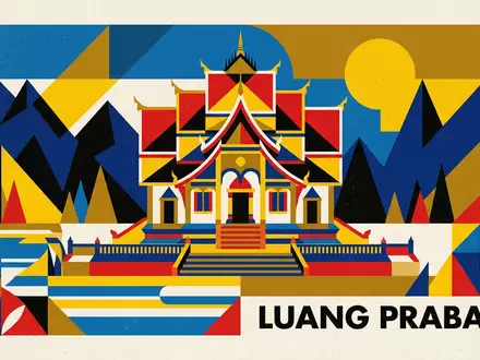 Bauhaus-Poster als geometrische Abstraktion von Konigspalastmuseum Luang Prabang in Luang Prabang Laos, kraeftige Grundfarben und - Foto: THN