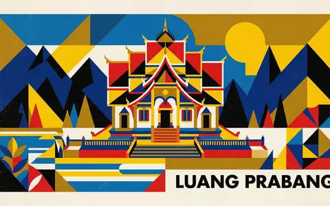 Bauhaus-Poster als geometrische Abstraktion von Konigspalastmuseum Luang Prabang in Luang Prabang Laos, kraeftige Grundfarben und - Foto: THN