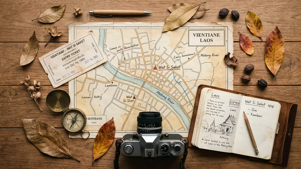 Flatlay-Reise-Arrangement rund um Wat Sisaket Vientiane in Vientiane, Laos