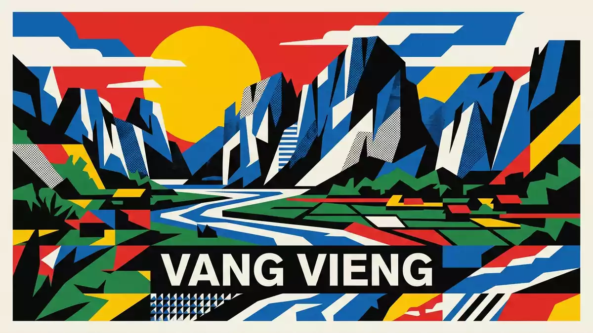 Bauhaus-Poster als Abstraktion von Karstlandschaft Vang Vieng in Vang Vieng, Laos