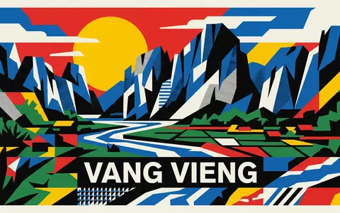 Bauhaus-Poster als geometrische Abstraktion von Karstlandschaft Vang Vieng in Vang Vieng Laos, kraeftige Grundfarben und - Foto: THN