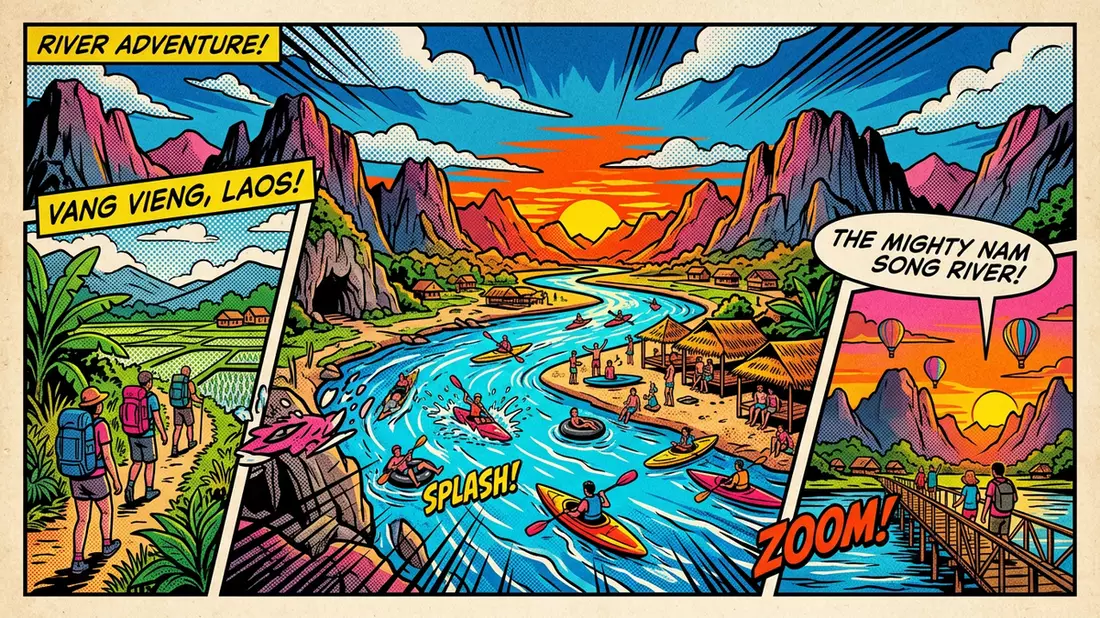Pop-Art-Comic von Karstlandschaft Vang Vieng in Vang Vieng, Laos mit Rasterpunkten