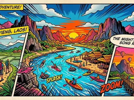 Pop-Art-Comicillustration des Wahrzeichens Karstlandschaft Vang Vieng in Vang Vieng Laos, kraeftige Konturen Rasterpunkte und satte - Foto: THN