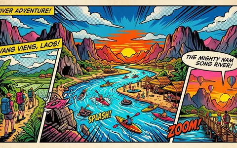 Pop-Art-Comicillustration des Wahrzeichens Karstlandschaft Vang Vieng in Vang Vieng Laos, kraeftige Konturen Rasterpunkte und satte - Foto: THN
