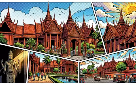 Pop-Art-Comicillustration des Wahrzeichens Nationalmuseum Kambodscha in Phnom Penh Kambodscha, kraeftige Konturen Rasterpunkte und satte Farben - Foto: THN