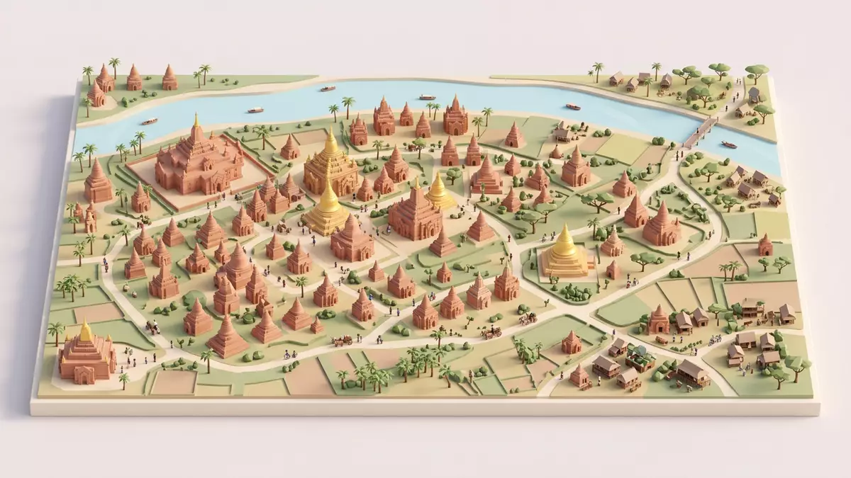 Isometrisches Diorama von Bagan-Tempel in Bagan, Myanmar in Pastell