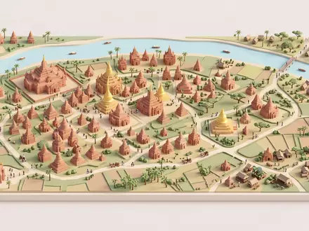 Isometrisches Diorama von Bagan-Tempel und Umgebung in Bagan Myanmar, verspielte Low-Poly-Kulisse in Pastellfarben - Foto: THN