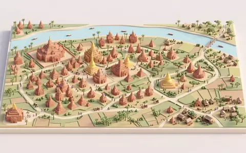 Isometrisches Diorama von Bagan-Tempel und Umgebung in Bagan Myanmar, verspielte Low-Poly-Kulisse in Pastellfarben - Foto: THN