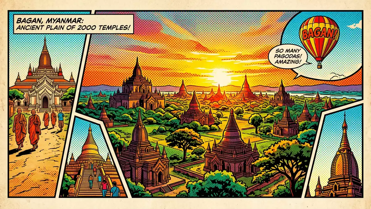 Pop-Art-Comic von Bagan-Tempel in Bagan, Myanmar mit Rasterpunkten