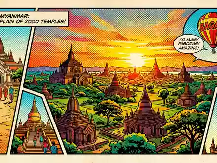 Pop-Art-Comicillustration des Wahrzeichens Bagan-Tempel in Bagan Myanmar, kraeftige Konturen Rasterpunkte und satte Farben - Foto: THN