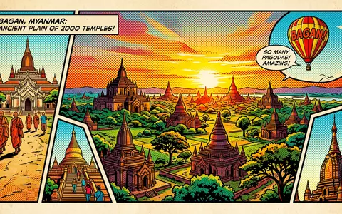 Pop-Art-Comicillustration des Wahrzeichens Bagan-Tempel in Bagan Myanmar, kraeftige Konturen Rasterpunkte und satte Farben - Foto: THN