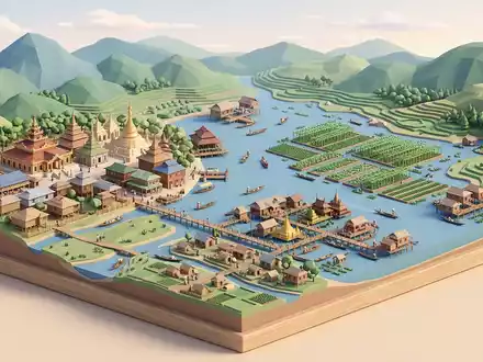 Isometrisches Diorama von Inle-See und Umgebung in Nyaungshwe Myanmar, verspielte Low-Poly-Kulisse in Pastellfarben - Foto: THN