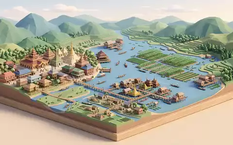 Isometrisches Diorama von Inle-See und Umgebung in Nyaungshwe Myanmar, verspielte Low-Poly-Kulisse in Pastellfarben - Foto: THN