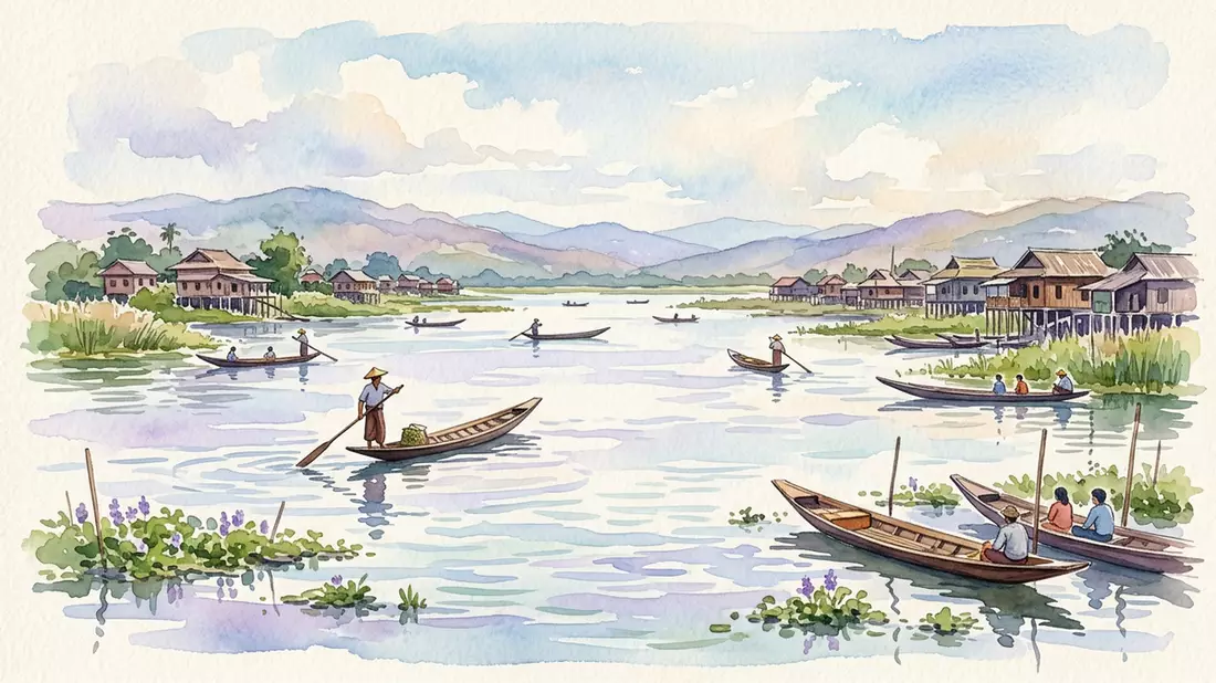 Aquarell-Illustration von Inle-See in Nyaungshwe, Myanmar als Reiseposter