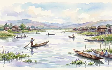 Aquarellillustration des Wahrzeichens Inle-See in Nyaungshwe Myanmar, weiche Farbverläufe und pastelliges Reiseposter-Feeling - Foto: THN