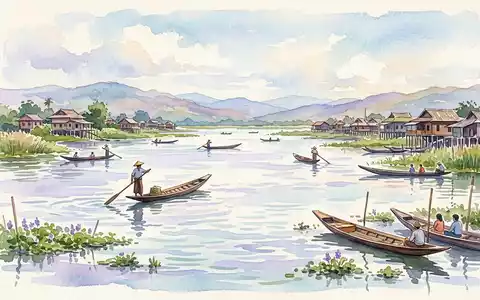 Aquarellillustration des Wahrzeichens Inle-See in Nyaungshwe Myanmar, weiche FarbverlÀufe und pastelliges Reiseposter-Feeling - Foto: THN
