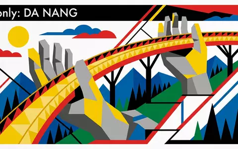 Bauhaus-Poster als geometrische Abstraktion von Goldene Brücke Da Nang in Da Nang Vietnam, kraeftige Grundfarben - Foto: THN