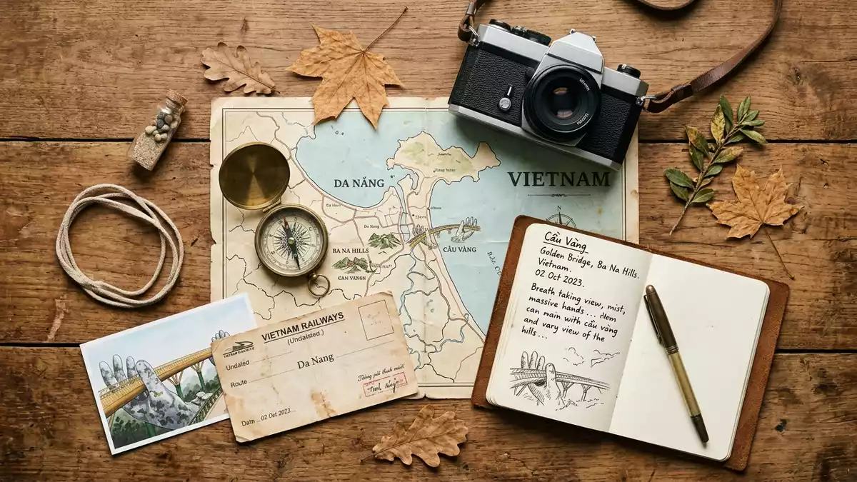 Flatlay-Reise-Arrangement rund um Goldene Brücke Da Nang in Da Nang, Vietnam