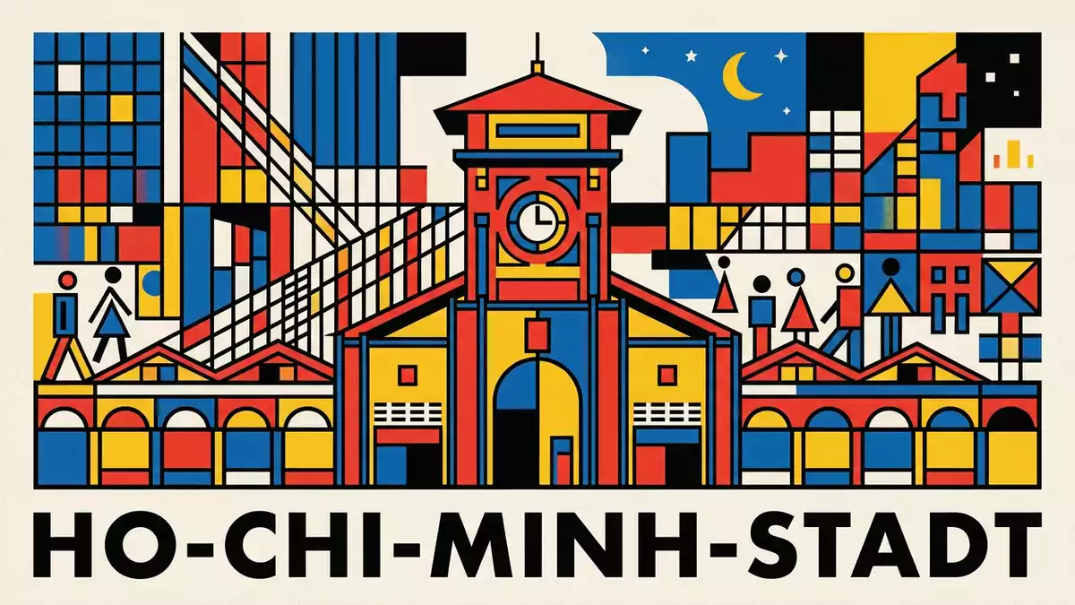 Bauhaus-Poster als Abstraktion von Ben-Thanh-Markt in Ho-Chi-Minh-Stadt, Vietnam