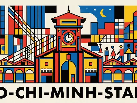 Bauhaus-Poster als geometrische Abstraktion von Ben-Thanh-Markt in Ho-Chi-Minh-Stadt Vietnam, kraeftige Grundfarben und harte Formkanten - Foto: THN