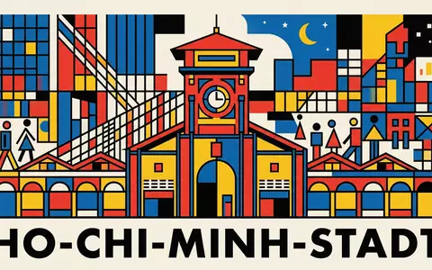 Bauhaus-Poster als geometrische Abstraktion von Ben-Thanh-Markt in Ho-Chi-Minh-Stadt Vietnam, kraeftige Grundfarben und harte Formkanten - Foto: THN