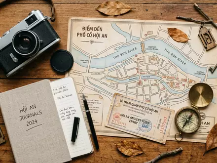 Flatlay-Reise-Arrangement rund um Altstadt Hoi An in Hoi An Vietnam, Karte Kompass Kamera und generische - Foto: THN