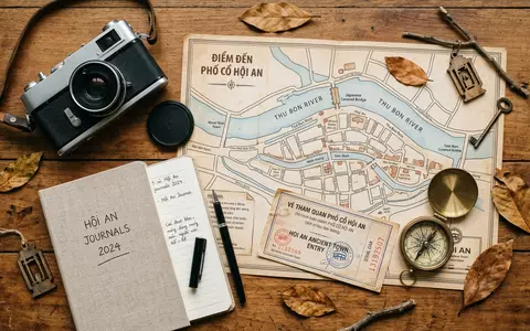 Flatlay-Reise-Arrangement rund um Altstadt Hoi An in Hoi An Vietnam, Karte Kompass Kamera und generische - Foto: THN