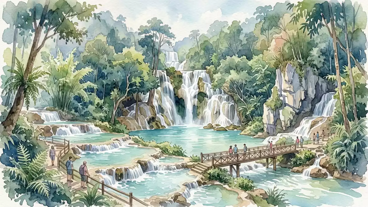 Aquarell-Illustration von Kuang-Si-Wasserfälle in Luang Prabang, Laos als Reiseposter