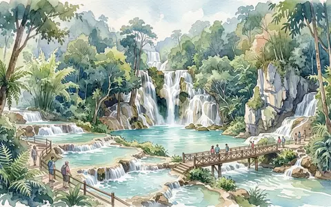 Aquarellillustration des Wahrzeichens Kuang-Si-Wasserfälle in Luang Prabang Laos, weiche Farbverläufe und pastelliges Reiseposter-Feeling - Foto: THN