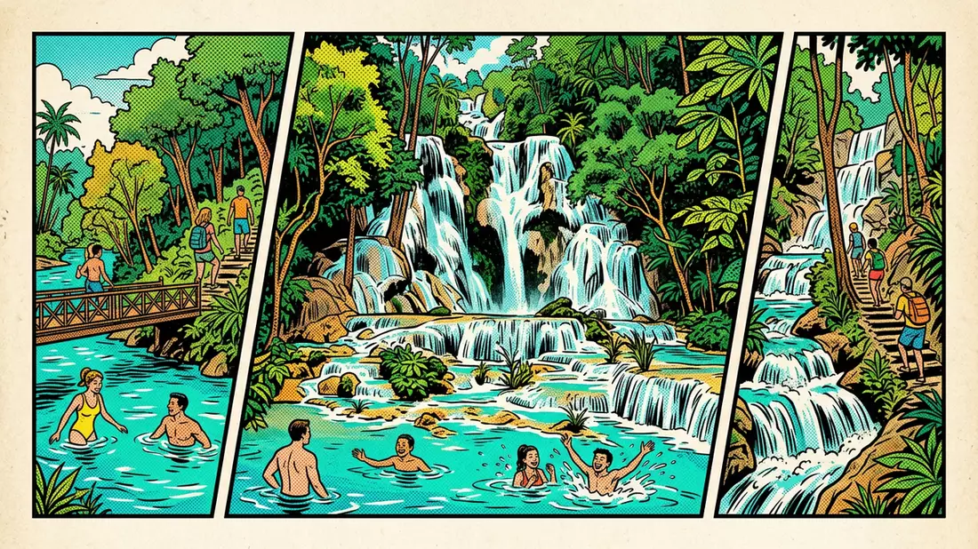 Pop-Art-Comic von Kuang-Si-Wasserfälle in Luang Prabang, Laos mit Rasterpunkten