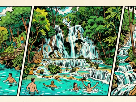 Pop-Art-Comicillustration des Wahrzeichens Kuang-Si-Wasserfälle in Luang Prabang Laos, kraeftige Konturen Rasterpunkte und satte Farben - Foto: THN