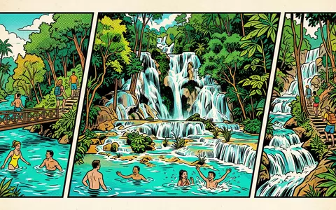 Pop-Art-Comicillustration des Wahrzeichens Kuang-Si-Wasserfälle in Luang Prabang Laos, kraeftige Konturen Rasterpunkte und satte Farben - Foto: THN