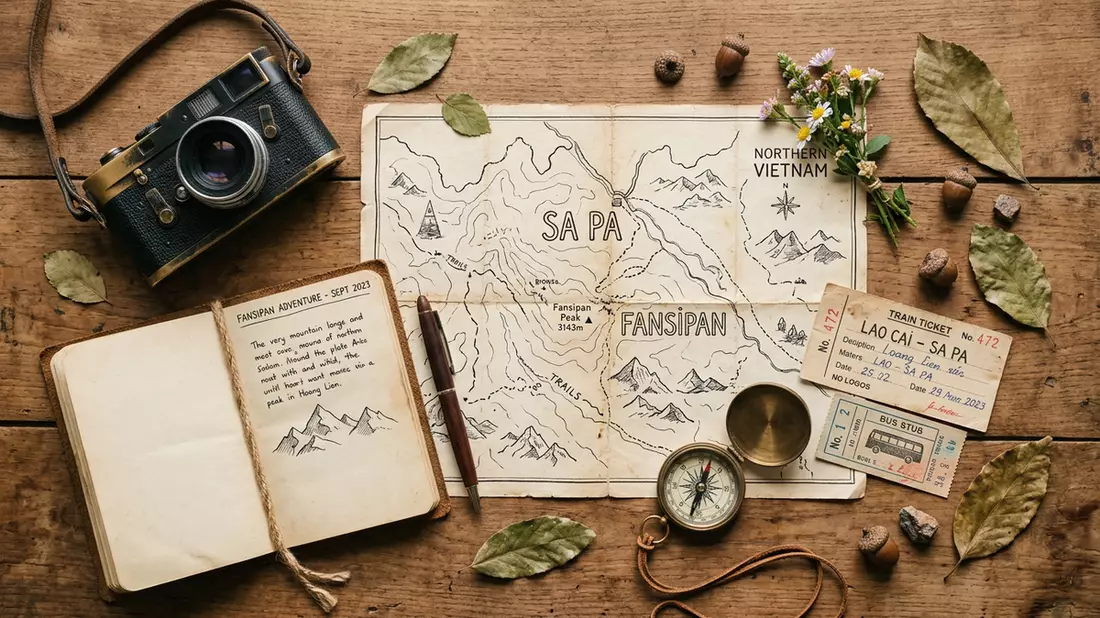 Flatlay-Reise-Arrangement rund um Fansipan in Sa Pa, Vietnam