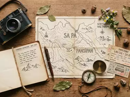 Flatlay-Reise-Arrangement rund um Fansipan in Sa Pa Vietnam, Karte Kompass Kamera und generische Reiserequisiten - Foto: THN