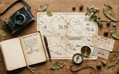 Flatlay-Reise-Arrangement rund um Fansipan in Sa Pa Vietnam, Karte Kompass Kamera und generische Reiserequisiten - Foto: THN